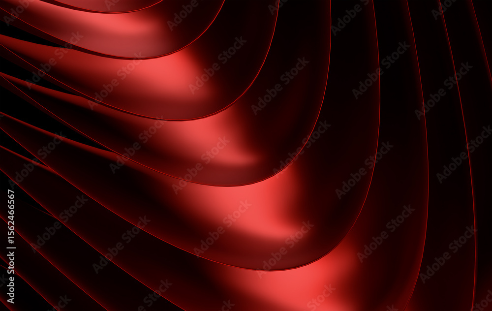 Fototapete Abstract Red 3D Curved Lines Background - Modern Geometric Wave Pattern with Black Background and Gradient Red Strips Design