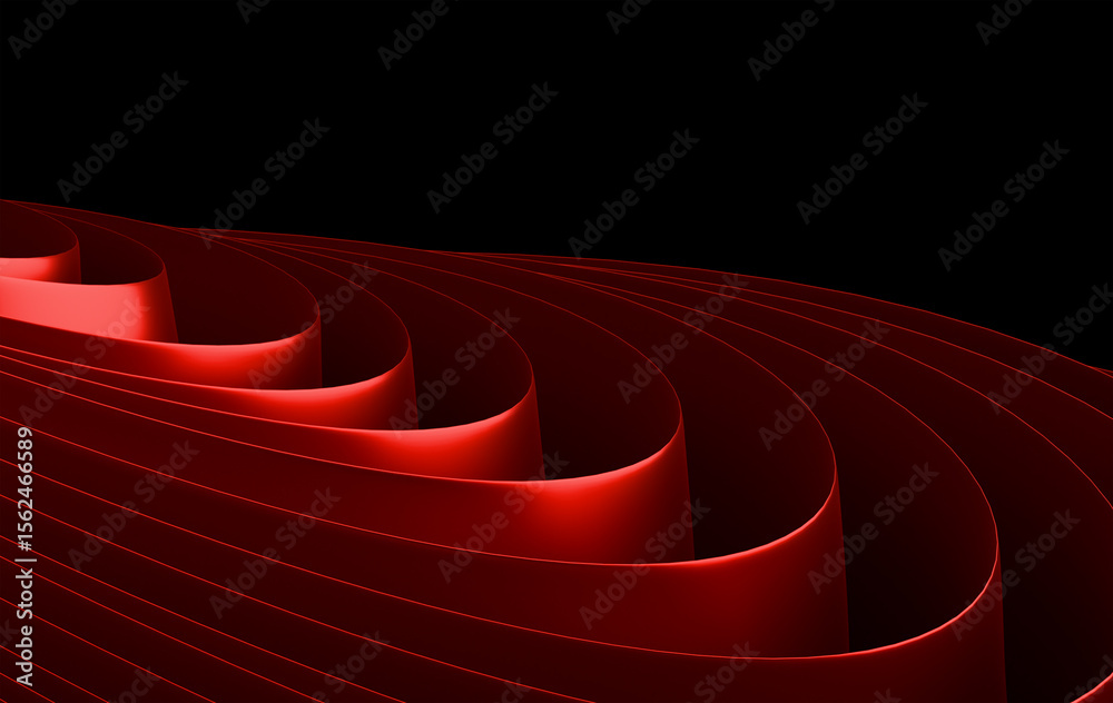 Fototapete Contemporary 3D Red Ribbon Waves - Flowing Curved Geometric Background with Dark Theme and Smooth Gradient Transitions