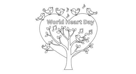 Cute cartoon birds singing on a heart shaped tree for world heart day isolated on transparent background