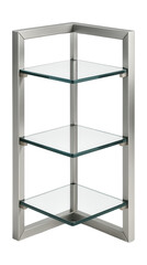 Corner shelf with three glass tiers, perfect for displaying decorative items in a modern apartment living room.