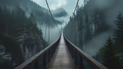 Obraz premium Misty Mountain Bridge: A Suspended Pathway Through Foggy Forests and Canyons