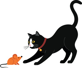 Black cat playing with orange mouse vector illustration in simple style 