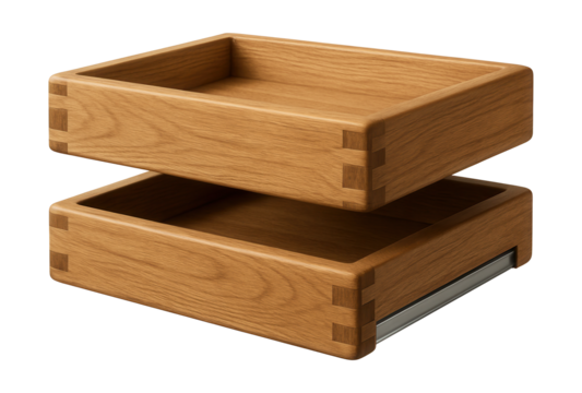 Rustic wooden sliding shelves for a farmhouse-style kitchen, helping to keep pots and pans neatly stowed away.