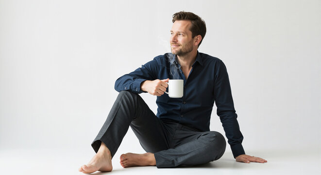 A Businessman Sits on an Isolated White Background Holding a Coffee Cup and Looking Away - Powered by Adobe