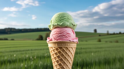 Double scoop ice cream cone with pink and green flavors against a blurred green field and blue sky