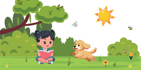 happy girl reading a book in the park with dog running next to her cartoon vector illustration