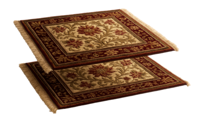 Antique-style embroidered floor mats, creating a vintage look in a formal sitting room.
