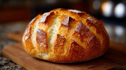 Fresh, round bread baked at home. It has a golden, crispy outside. Cuts on top give it a simple, country look.