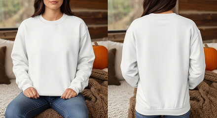 Split front and back view of person wearing plain white crewneck sweatshirt with long dark hair  blue jeans visible autumn themed setting with orange pumpkin blurred in background