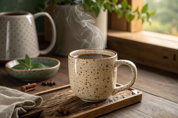 Cozy rustic aesthetic featuring a steaming cup of coffee on a wooden serving tray, perfect for autumn and winter vibes.