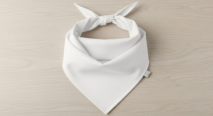 Crisp white square bandana neatly folded with top knot displayed on light wooden surface with subtle wood grain and soft lighting highlighting fabric texture and clean design ideal for fashion mockups