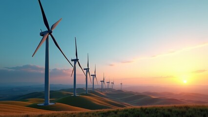 Obraz premium Wind turbine farm at sunset over rolling hills