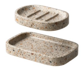 Terrazzo bathroom accessory set with a speckled design, featuring a soap dish and a small tray, ideal for a stylish city apartment.