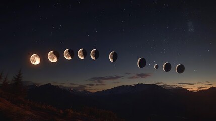 Moon phases displayed in dark sky with new moon barely visible against stellar backdrop
