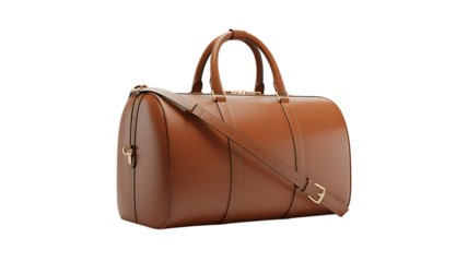 Photo of a brown leather duffel bag with a shoulder strap isolated on transparent background