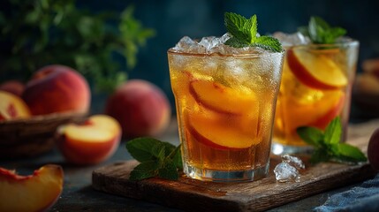 Cool peach drinks for summer! Peach lemonade or iced tea with mint in two glasses. Refreshing and easy to make at home. Perfect for a menu!