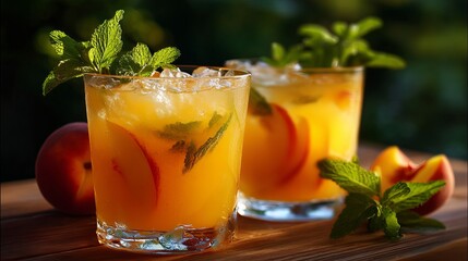 Fototapeta premium Cool peach drinks for summer! Peach lemonade or iced tea with mint in two glasses. Refreshing and easy to make at home. Perfect for a menu!