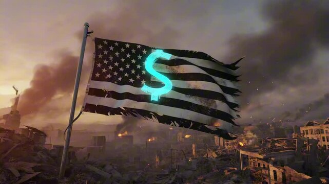 A tattered American flag featuring a glowing blue $ sign flutters in slow motion above a war-torn battlefield, smoke and ash in the air, cinematic war drama loop