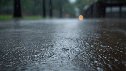 Urban street in heavy rain with blurred lights and textured wet pavement