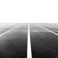 Perspective shot of empty parking spaces marked with white lines against a black sky background
