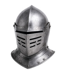 Highly Detailed Medieval Knight Helmet with Distinctive Metal Finish and Unique Design Features, Isolated on Transparent and White Background