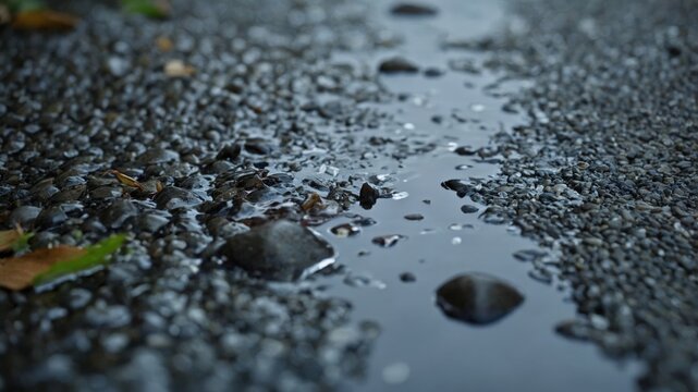 Wet pebbles and puddle on gravel pathway: nature's serene wet texture display