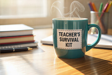 Teachers survival kit mug with books on wooden table	