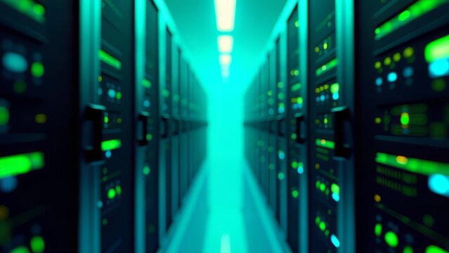 Abstract server room with blue and green lights