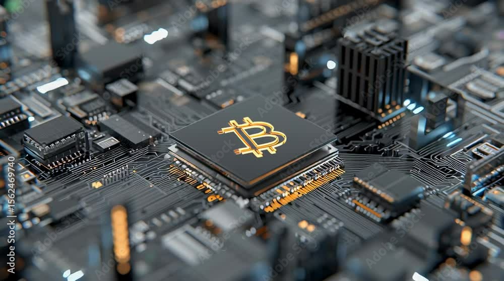 Poster bitcoin symbol on a circuit board