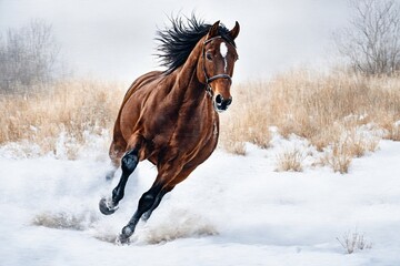 Realistic Horse Running in Snowy Field, Brown Stallion Winter Nature Scene for 2026