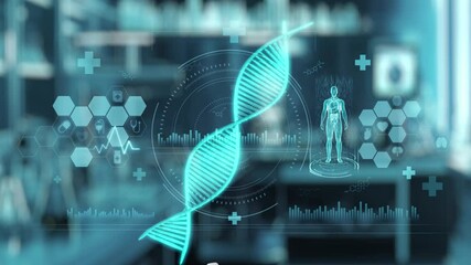 Close up of robotic hand pointing and clicking at DNA holographic to access medical data or diagnosis symptom. Robotic hand checking at genetic simulation while using AI analyzing symptom. Salubrious. - Powered by Adobe