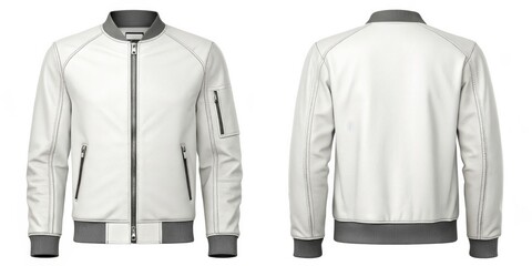 Off-White Leather Bomber Jacket Front and Back View, Mens Fashion Leather Jacket, Bomber Jacket