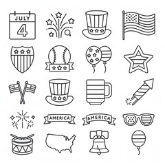 4th of July, independence day icons. Modern line design set 20. For presentation, graphic design, mobile application, web design, infographics. Vector illustration.