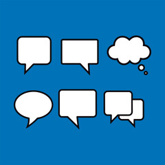 Six speech and thought bubbles on blue background.
