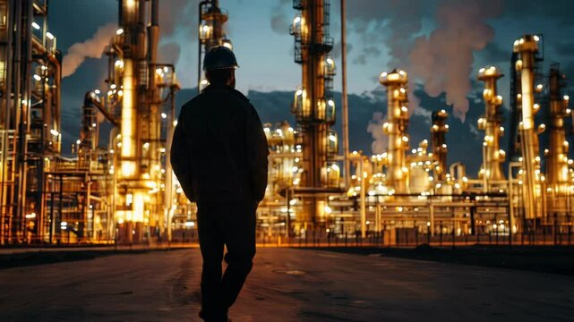 A businessman wearing a formal suit and a protective helmet is walking through an industrial oil refinery landscape
