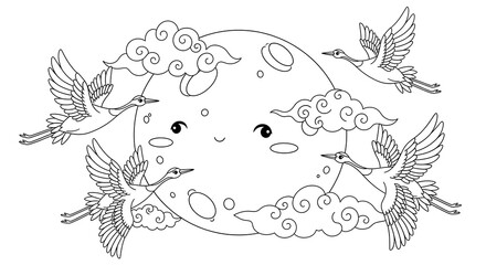 Cute cartoon moon with flying cranes and clouds isolated on transparent background