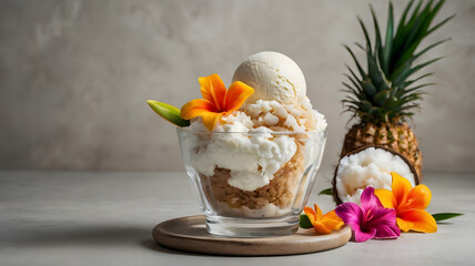 Tropical floral accents with coconut ice cream on neutral background, peaceful composition
