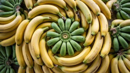 Overhead view of a spiral arrangement of ripe yellow and green bananas on a wooden surface