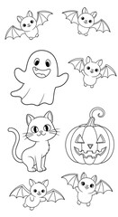 Cute halloween characters including bats ghost and pumpkin isolated on transparent background