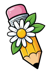 Cartoon Style Yellow Wooden Pencil With Flower and Eraser Vector illustration isolated