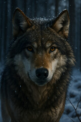 Obraz premium A close-up of a wolf’s face in a snowy forest