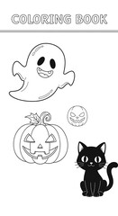 Obraz premium Cute halloween coloring page with ghost pumpkin and black cat isolated on transparent background
