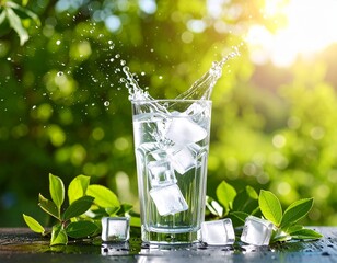 Ein Glas Wasser mit Spritzer durch Eisw&uuml;rfel