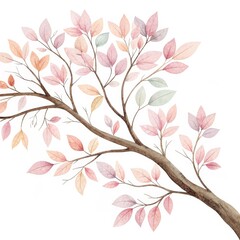 Obraz premium Pastel Watercolor Branch with Delicate Leaves, Autumnal Branch, Watercolor Leaves Leaves, Watercolor Painting
