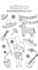 Cute mexican independence day coloring page with boy holding flag and festive elements isolated on transparent background