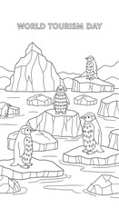 Cute penguins on icebergs with world tourism day text isolated on transparent background