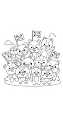 Cute cartoon bears holding korean flags and waving happily isolated on transparent background