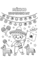 Cute boy celebrating mexico independence day with flag and pinatas isolated on transparent background