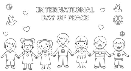 International day of peace diverse children holding hands with peace symbols and doves isolated on transparent background