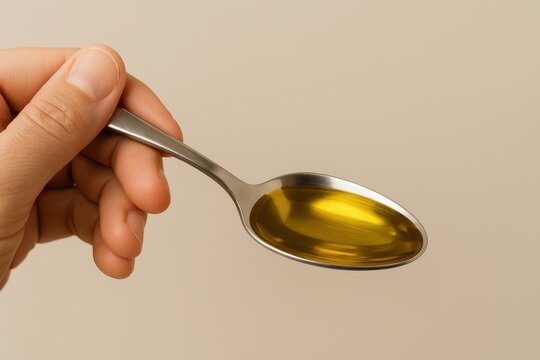 Close-Up of Hand Holding Spoonful of Castor Oil Against Plain Background